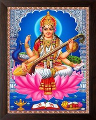 Saraswati Goddess of Knowledge with Peacock Religious HD Print In Wooden Frame