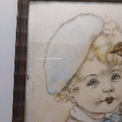 Antique 1909 Illust. & Picture Frame Girl With Her Puppy Unique Letter On Back