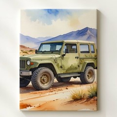 Camouflage Off Road Jeep Canvas Watercolor Desert Adventure Wall Art