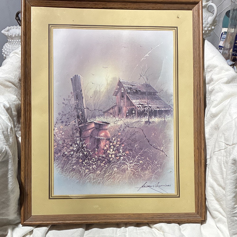Framed Matted Rustic Barn Landscape Print by Arndres Orpinas