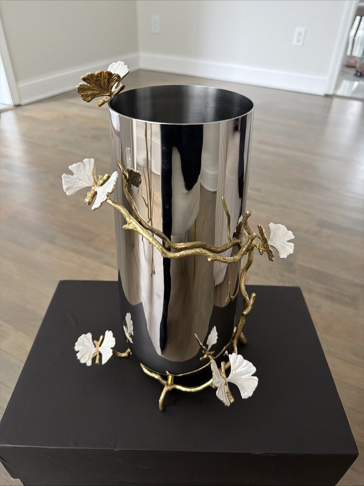 Michael Aram Ginkgo Collection Stainless Steel Wine Cooler / Vase Gold Branch