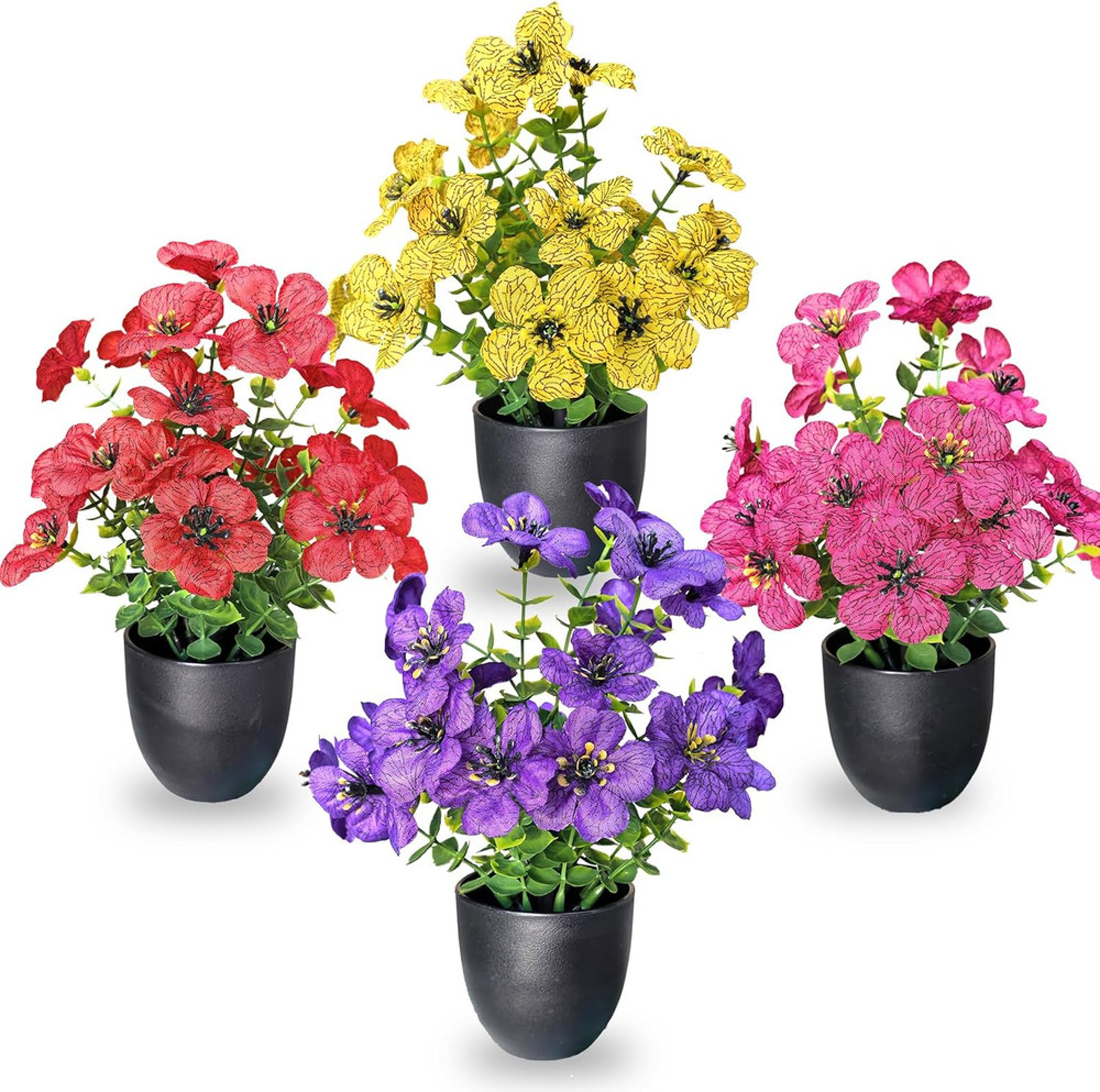 Small Fake Plants 4 Packs Artificial Flowers in Pots Home Decor Fake Flowers Dec