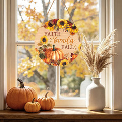 Faith Family Fall Front Door Sign Fall Sunflower Pumpkin Door Decorations Wood S
