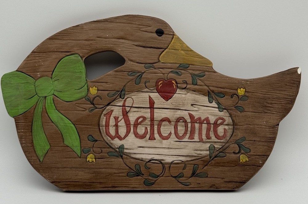 Vintage Hand Painted Ceramic Goose Welcome Plaque Country Farmhouse Wall Decor