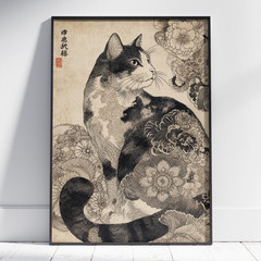 Cat With Flower Pattern Poster – Traditional Japanese Style Wall Art Canvas