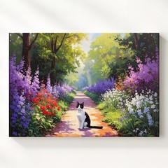 Serene Garden Path Cat Canvas Black-And-White Cat In Blooming Spring Scene In