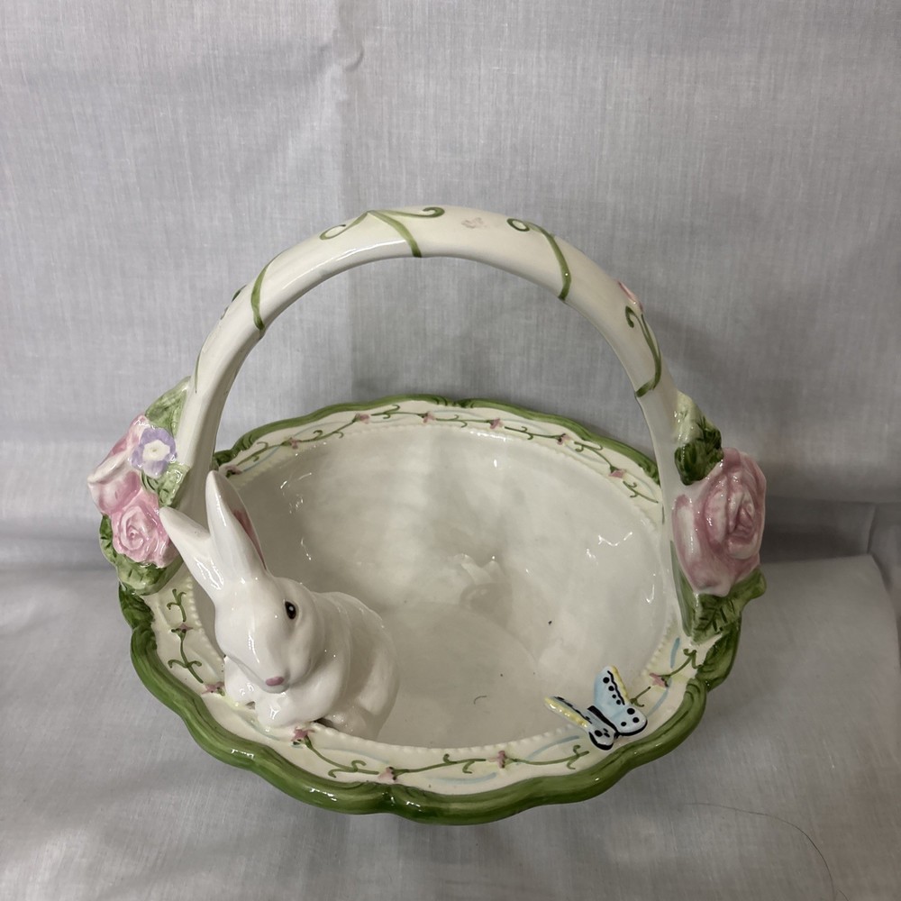 Springtime Ceramic Basket with Flowers, Butterfly & Bunny Figurine 9×10 EUC