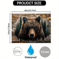 Framed Canvas Wood Grain Double Exposure Brown Bear Pine Forest Rustic Art Decor