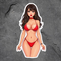 Pinup girl sticker vinyl decal busty red bikini brunette sexy cartoon style
