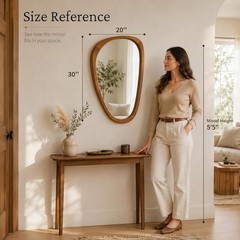 30″x20″ Solid Wood Asymmetrical Mirror, Japandi Boho Organic Shape, Warm Walnut