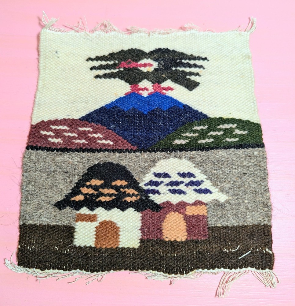 Vintage Peruvian Huts & Eagle Hand Woven Wool Tapestry Wall Hanging 8″x8.5″