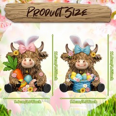 2 Pack Easter Highland Cow Decor Resin Easter Highland Cow Figurine Gnomes wi…