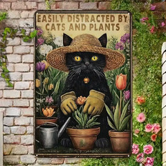 NEW 2D 8″x12″ Funny Garden CAT Metal Vintage Sign. «Easily Distracted By Plants»