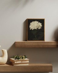 Framed Kitchen Decor, White Hydrangea Oil Painting, 8×10, Brown