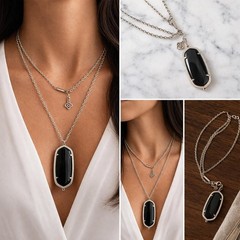 Kendra Scott Rayne Pendant Necklace Black Stone Silver Tone Long Chain