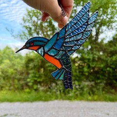 Blue Kingfisher Stained Glass Suncatcher Bird Window Hanging Decor 7.5 Inch