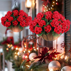 2 Set Artificial Red Geraniums Flowers for Outdoors with Hanging Baskets, 2 Hang