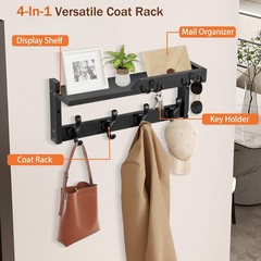 Coat Rack Wall Mount with Shelf, Coat Hanger Wall Mount with Key Hooks and Ma…
