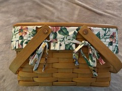 Longaberger Rectangular Basket w/ Riser & Wooden Lid & Floral Fabric Liner
