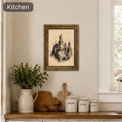 Vintage Gold Framed Wizard Medieval Castle Sketch Wall Art, Cottage Core Farm…