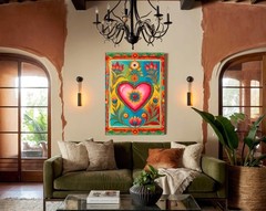 Sacred Heart Mexican Folk Art Canvas Print, Colorful Milagro Style Floral Decor