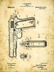 Browning Colt 45 Pistol Patent Drawing Metal Sign, Vintage, Mancave, Den Décor,