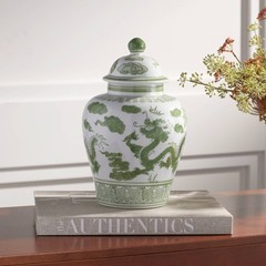 Sansui 12″H Green and White Ceramic Ginger Jar with Lid