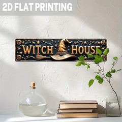Witch House Witch Hat Broom Metal Sign Distressed Halloween Wall Decor Plaque