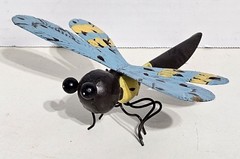 Metal Dragonfly Sculpture Hand-Painted Blue Yellow Brown Decor Wings – 6 Inches