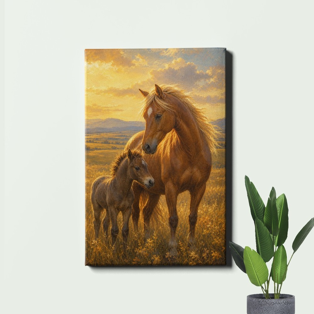 Mare and Foal Wall Art Golden Meadow Horse Painting Style