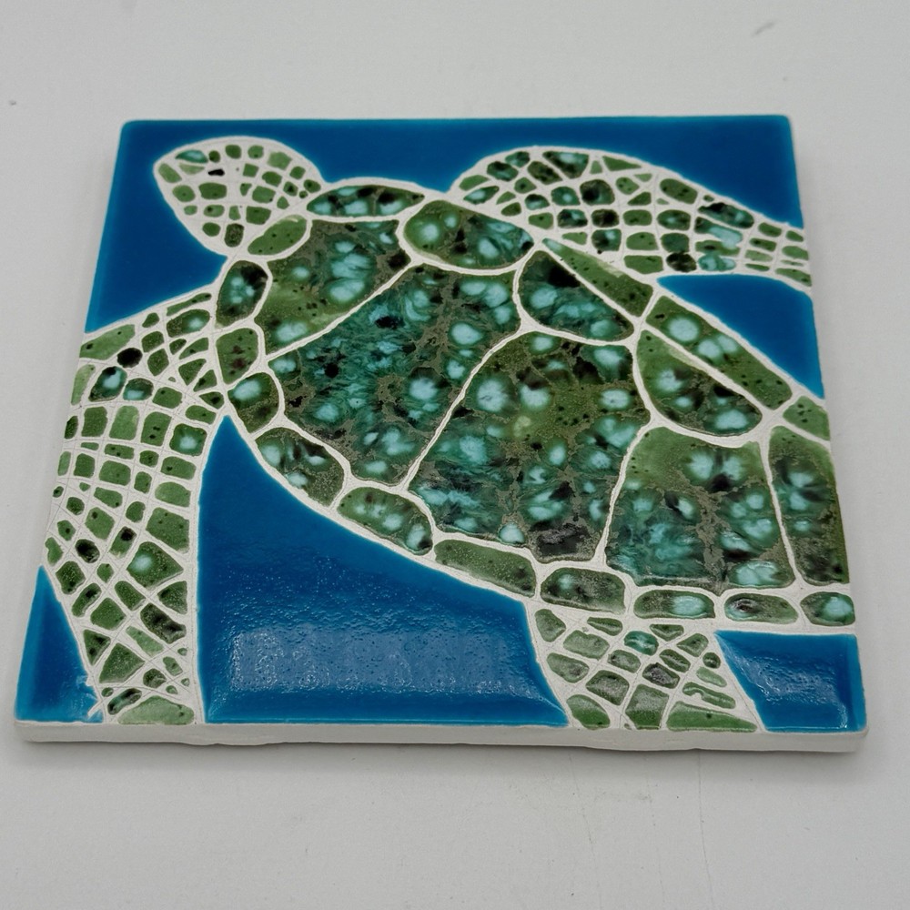 Sea Turtle Hand Painted Ceramic Art Tile 6 x 6 Inches With Wall Hanging Back