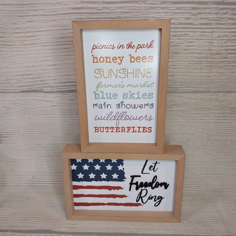 New! «Let Freedom Ring» Box Frame «Summer» USA American Flag Decor Reversible .