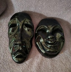 Frankoma Pottery Comedy and Tragedy Glazed Masks Wall Hanging Faces Vintage