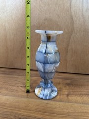 VTG Blue Onyx Marble Stone Vase Checkered Mosaic Patchwork MCM Artistic 7.5”