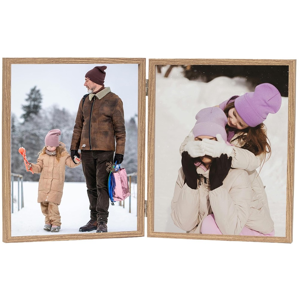8×10 Double Picture Frame Hinged Folding Vertical Stand on Tabletop, Wood Two…