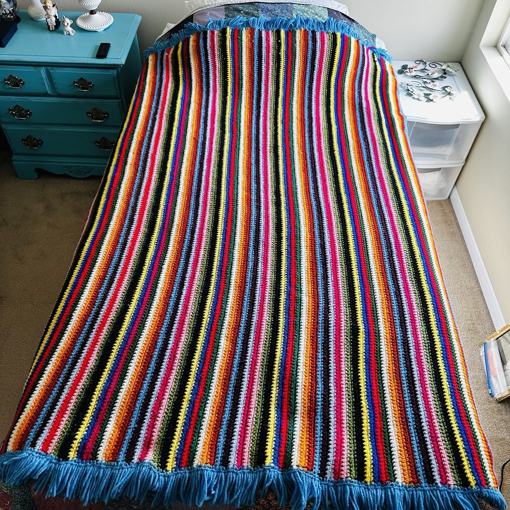 Handmade Crochet Afghan Throw Blanket Multicolor Rainbow Striped Blue Fringe