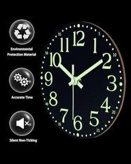 Wooden Glow in The Dark Clock, 8 inch Silent Non-Ticking Battery 8 INCH Black