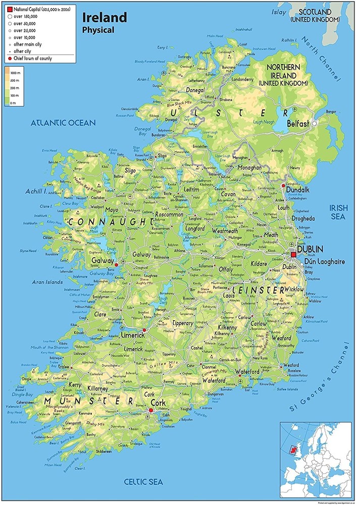 Ireland Physical Map – 16.5 x 23.3 inches – Paper Laminated