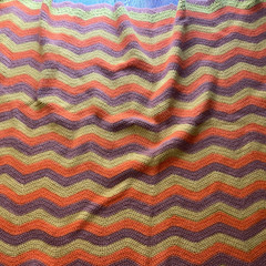 Vtg Crochet Blanket Chevron Zig Zag Orange Brown Yellow 36″x52″ Soft Cottagecore
