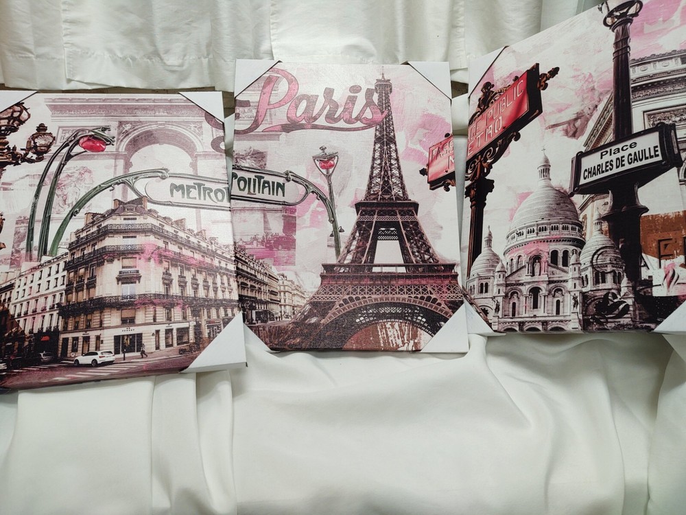 Paris Eiffel Tower & More Black, White, And Pink Canvas Paintings / Lot of 3