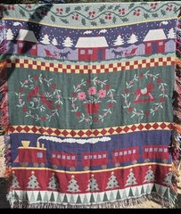 Vintage 1990s Woven Holiday Blanket Train Village Trees Crown Crafts Made In USA