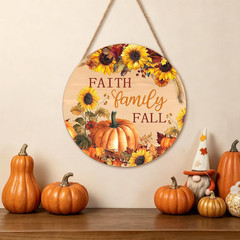 Faith Family Fall Front Door Sign Fall Sunflower Pumpkin Door Decorations Wood S