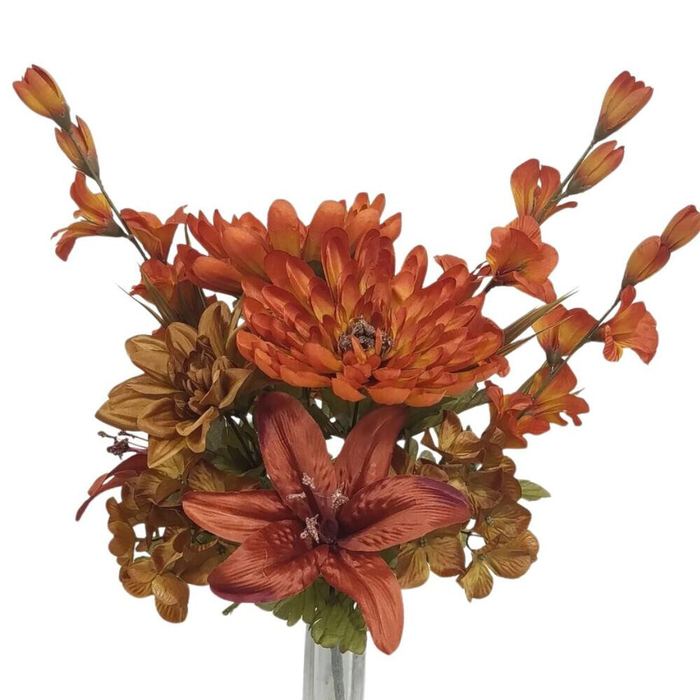21″ Rust Colored Artificial Mixed Floral Dahlia, Mum & Lily Bush