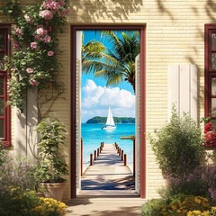 White Shutter Door Sticker Tropical Style Removable Waterproof Vinyl Mural Pe…