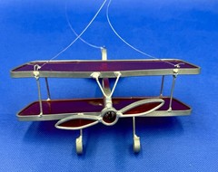 HANDMADE Lead Stained Glass Biplane Red & White Vintage