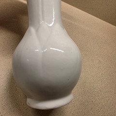 Ceramic Bud Vase 9 Inch White Scalloped Rim Bulbous Base Leaf Detail
