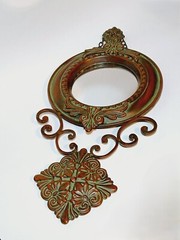 Metal Baroque Style Round Wall Mirror Green Patina Ornate Regency 18” Long
