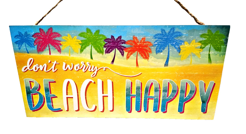 «Don’t Worry Beach Happy» Hanging Wooden Sign Tropical Palm Tree Summer Decor