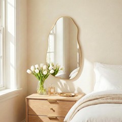 30×16.5 Asymmetrical Wall Mirror, Matte Gold Rust Proof Frame, Wavy Glass