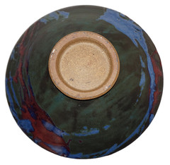 Vintage ARTISAN CRAFTED Green, Red, & Blue Glazed Pottery Gallery Bowl 12.5 USA